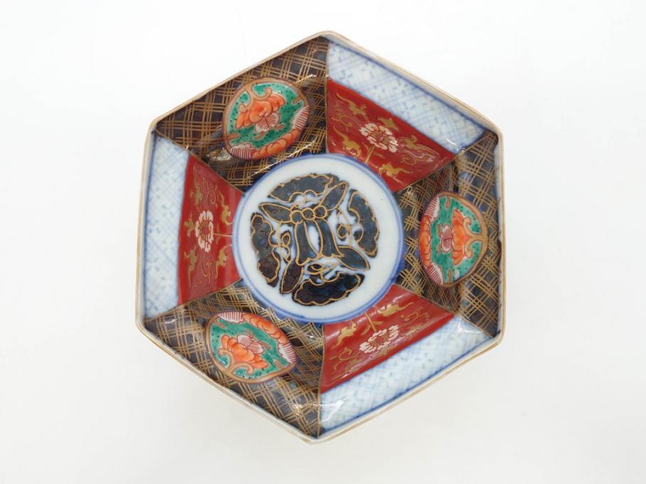 幕末〜明治　伊万里焼　4.1寸　約13cm　金襴手が見事な六角皿4枚セット(色絵、花文、裏印、深鉢、変形皿、小鉢、向付、器、四寸一分、和食器)(R-077387)