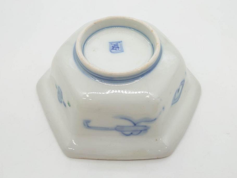 幕末〜明治　伊万里焼　4.1寸　約13cm　金襴手が見事な六角皿4枚セット(色絵、花文、裏印、深鉢、変形皿、小鉢、向付、器、四寸一分、和食器)(R-077387)