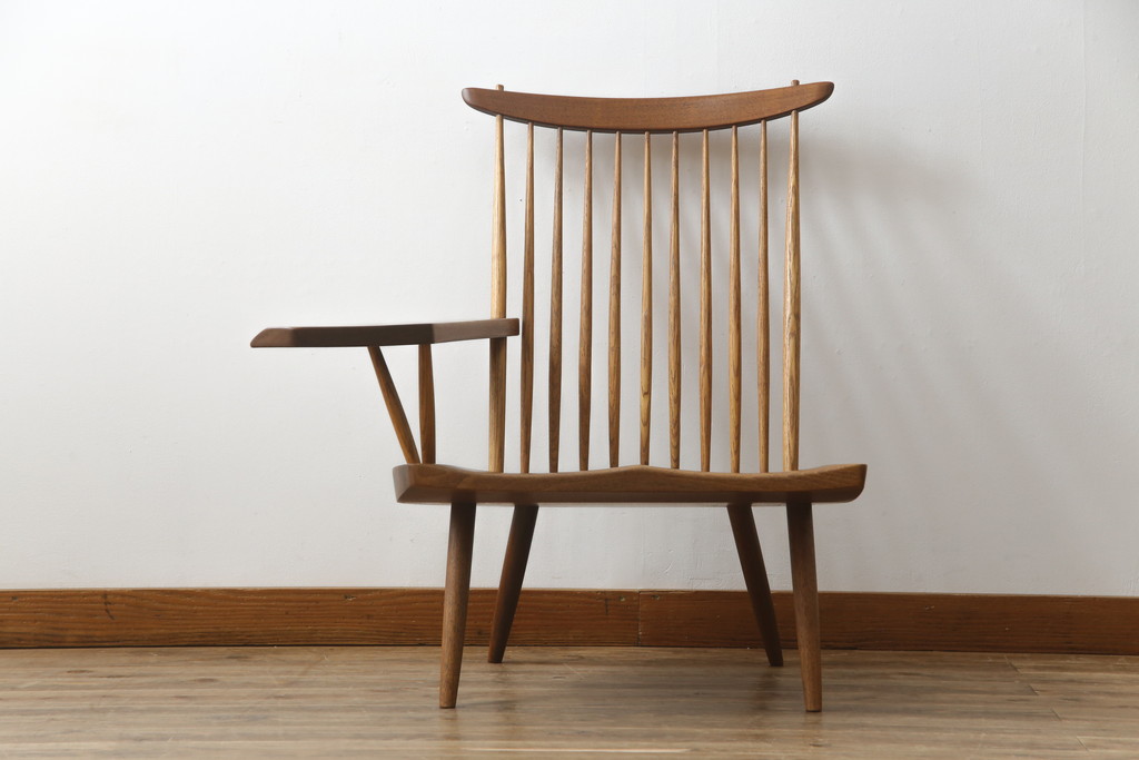 和製ヴィンテージ　小田急ハルク購入　ジョージナカシマ　LOUNGE ARM(ラウンジアーム)　One Arm(ワンアーム、片肘)　CN103　当時のパンフレット付き!!モダンに洗練された右アーム付きラウンジチェア(ジョージ・ナカシマ、アームチェア、イス、椅子、板座チェア、ビンテージ)(R-076882)