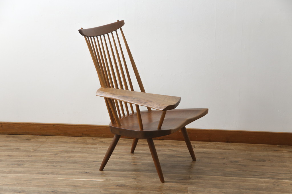 和製ヴィンテージ　小田急ハルク購入　ジョージナカシマ　LOUNGE ARM(ラウンジアーム)　One Arm(ワンアーム、片肘)　CN103　当時のパンフレット付き!!モダンに洗練された右アーム付きラウンジチェア(ジョージ・ナカシマ、アームチェア、イス、椅子、板座チェア、ビンテージ)(R-076882)