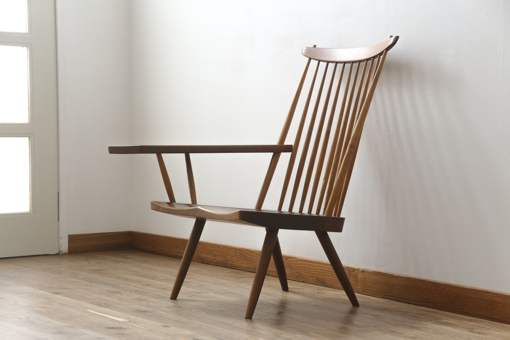 和製ヴィンテージ　小田急ハルク購入　ジョージナカシマ　LOUNGE ARM(ラウンジアーム)　One Arm(ワンアーム、片肘)　CN103　当時のパンフレット付き!!モダンに洗練された右アーム付きラウンジチェア(ジョージ・ナカシマ、アームチェア、イス、椅子、板座チェア、ビンテージ)(R-076882)