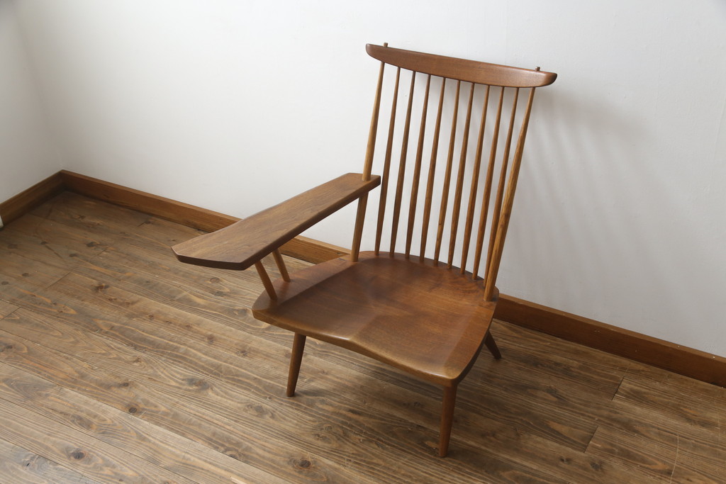 和製ヴィンテージ　小田急ハルク購入　ジョージナカシマ　LOUNGE ARM(ラウンジアーム)　One Arm(ワンアーム、片肘)　CN103　当時のパンフレット付き!!モダンに洗練された右アーム付きラウンジチェア(ジョージ・ナカシマ、アームチェア、イス、椅子、板座チェア、ビンテージ)(R-076882)