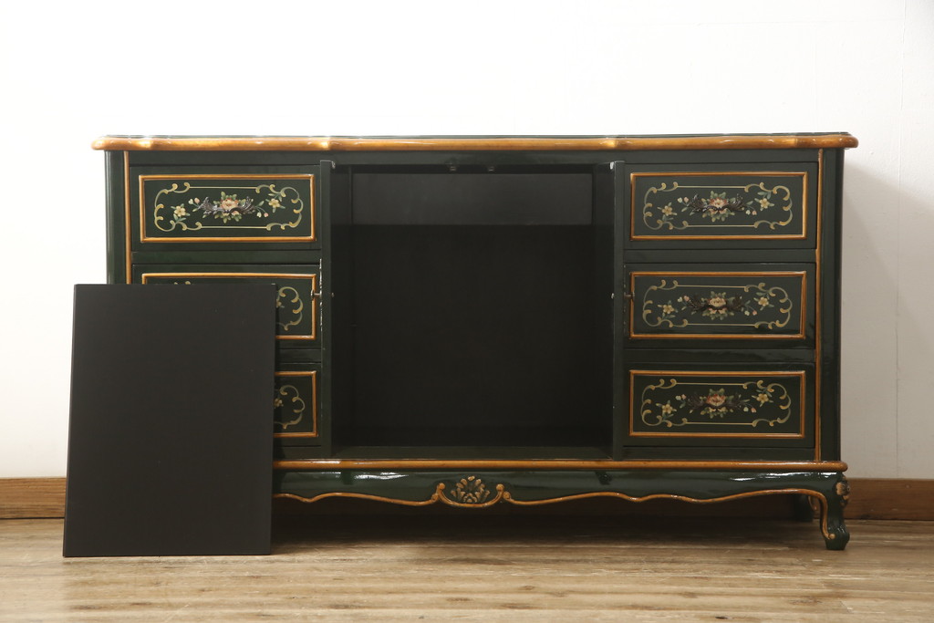 中古　美品　イタリア家具　ハンドペイントと取っ手の意匠がかわいらしいサイドボード(サイドキャビネット、チェスト、引き出し、リビングボード)(R-056497)