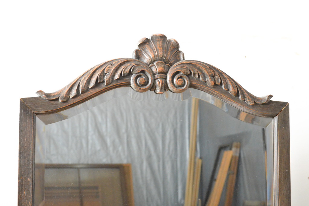 和製ビンテージ　神戸洋家具　凝った造りの彫刻入り姿見(鏡、ミラー、ヴィンテージ)(R-059097)