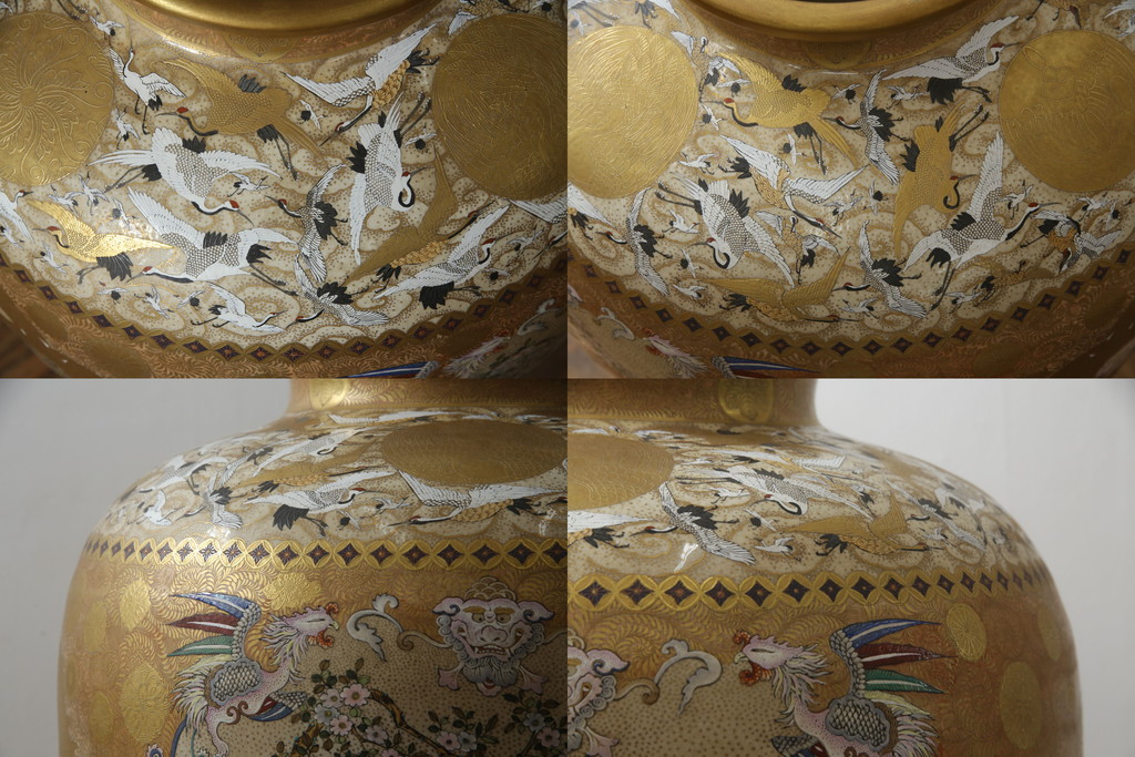 薩摩焼　大京都日文林本寶山　高さ98cm　龍・獅子・鶴・美人画・鳳凰・花鳥図　緻密で絢爛豪華な金襴手特大花瓶・花台セット(花器、花入、花生、飾壷、壺、飾り台、金彩)(R-078582)
