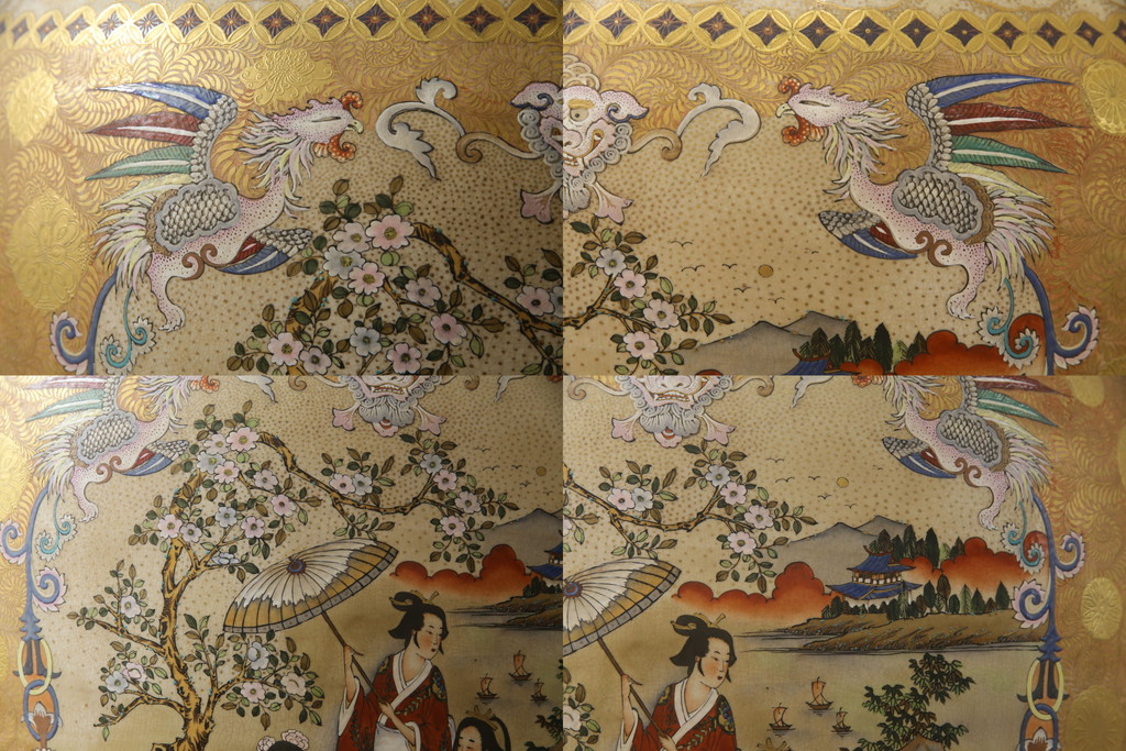 薩摩焼　大京都日文林本寶山　高さ98cm　龍・獅子・鶴・美人画・鳳凰・花鳥図　緻密で絢爛豪華な金襴手特大花瓶・花台セット(花器、花入、花生、飾壷、壺、飾り台、金彩)(R-078582)