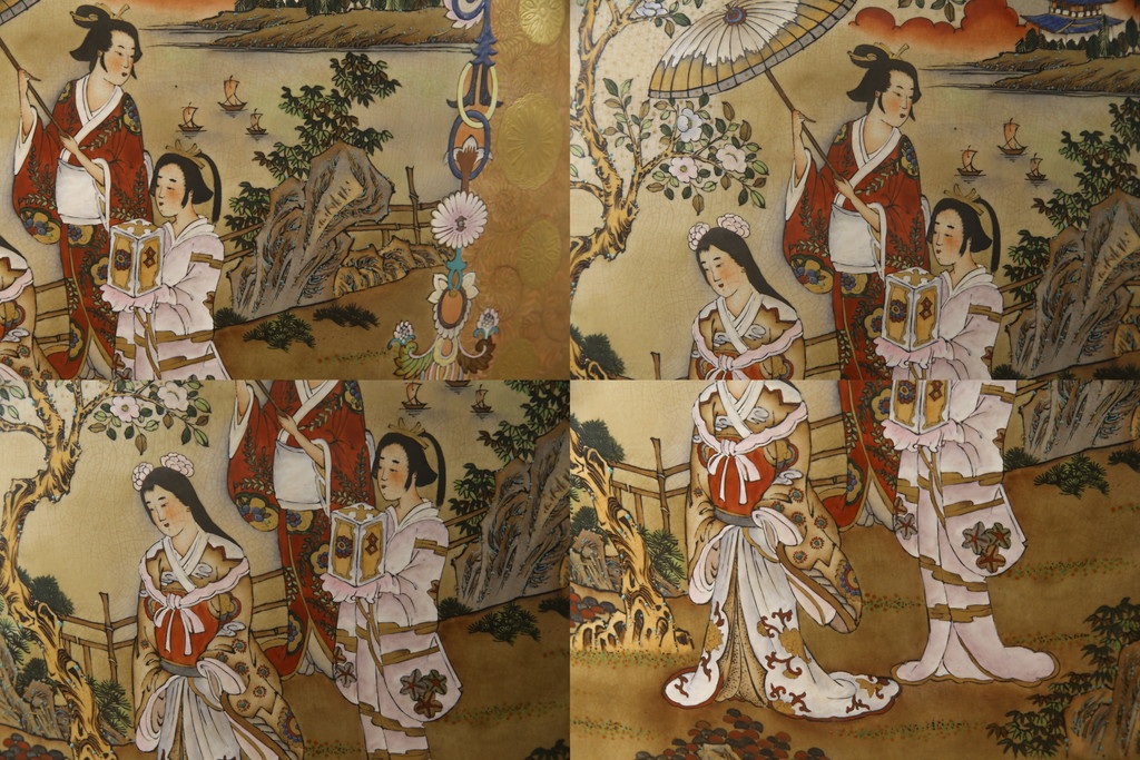 薩摩焼　大京都日文林本寶山　高さ98cm　龍・獅子・鶴・美人画・鳳凰・花鳥図　緻密で絢爛豪華な金襴手特大花瓶・花台セット(花器、花入、花生、飾壷、壺、飾り台、金彩)(R-078582)