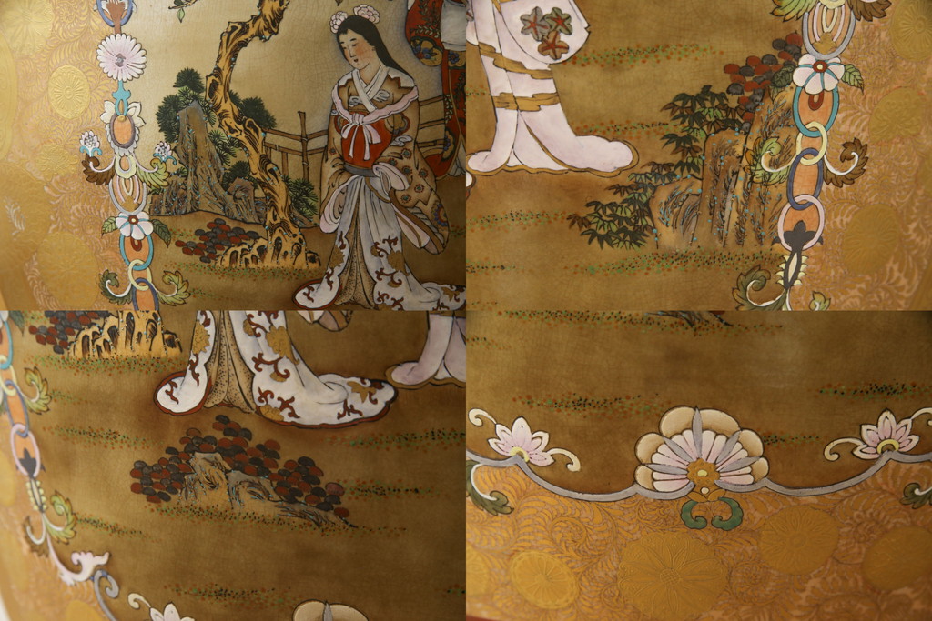 薩摩焼　大京都日文林本寶山　高さ98cm　龍・獅子・鶴・美人画・鳳凰・花鳥図　緻密で絢爛豪華な金襴手特大花瓶・花台セット(花器、花入、花生、飾壷、壺、飾り台、金彩)(R-078582)
