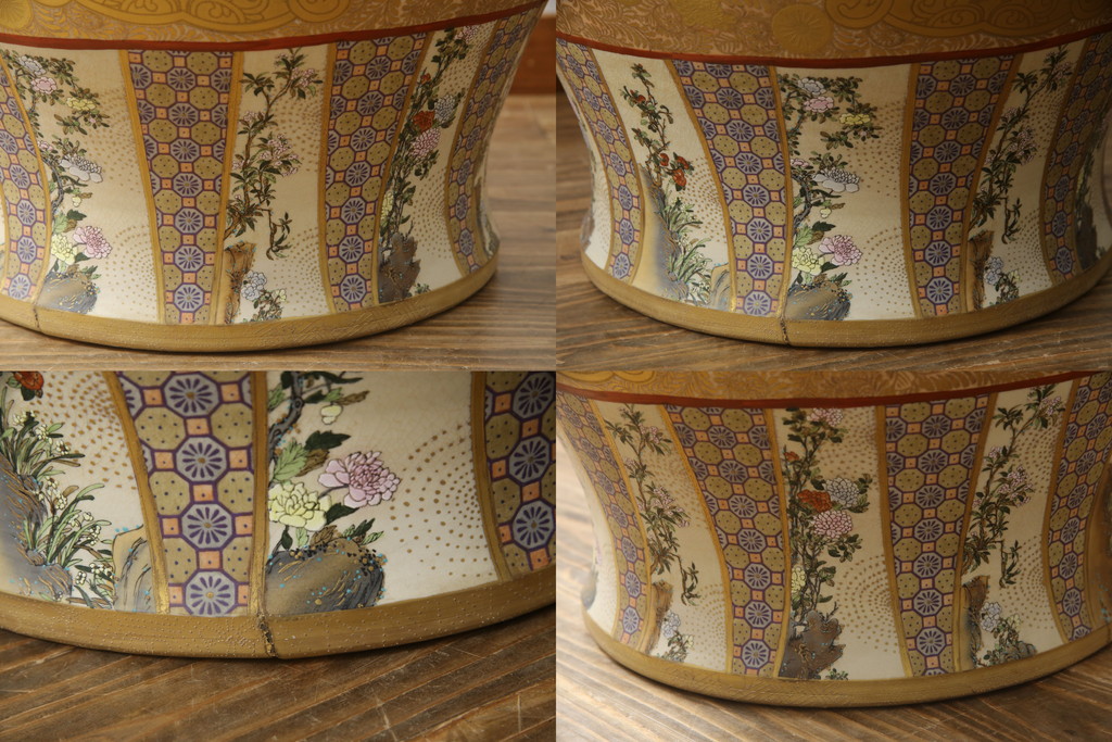 薩摩焼　大京都日文林本寶山　高さ98cm　龍・獅子・鶴・美人画・鳳凰・花鳥図　緻密で絢爛豪華な金襴手特大花瓶・花台セット(花器、花入、花生、飾壷、壺、飾り台、金彩)(R-078582)