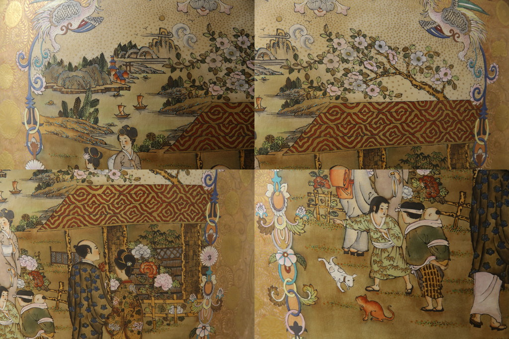 薩摩焼　大京都日文林本寶山　高さ98cm　龍・獅子・鶴・美人画・鳳凰・花鳥図　緻密で絢爛豪華な金襴手特大花瓶・花台セット(花器、花入、花生、飾壷、壺、飾り台、金彩)(R-078582)