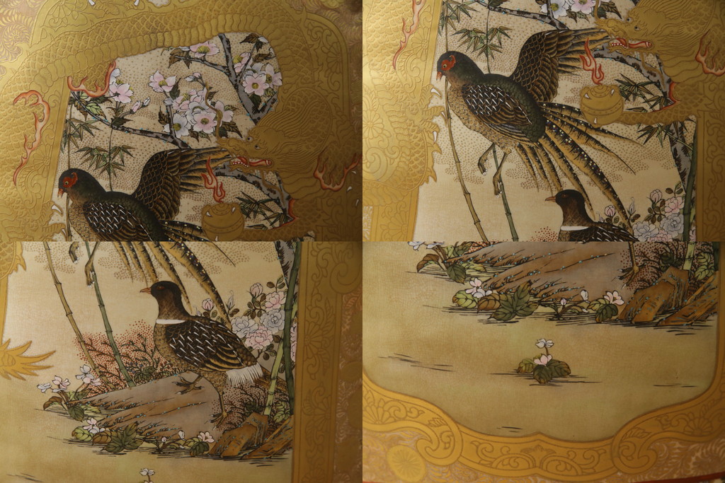 薩摩焼　大京都日文林本寶山　高さ98cm　龍・獅子・鶴・美人画・鳳凰・花鳥図　緻密で絢爛豪華な金襴手特大花瓶・花台セット(花器、花入、花生、飾壷、壺、飾り台、金彩)(R-078582)