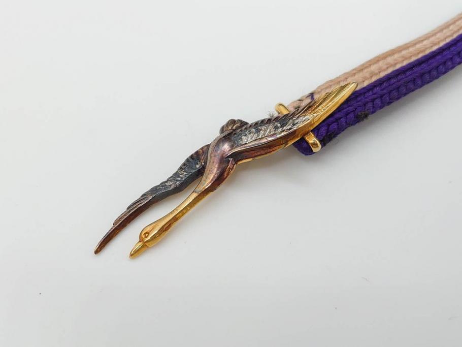 時代物　彫金　K20(20金)　羽ばたく鶴のデザインが上品な帯留め(つる、ツル、和装小物、着物道具、アクセサリー、帯締め、ゴールド、金)(R-078236)