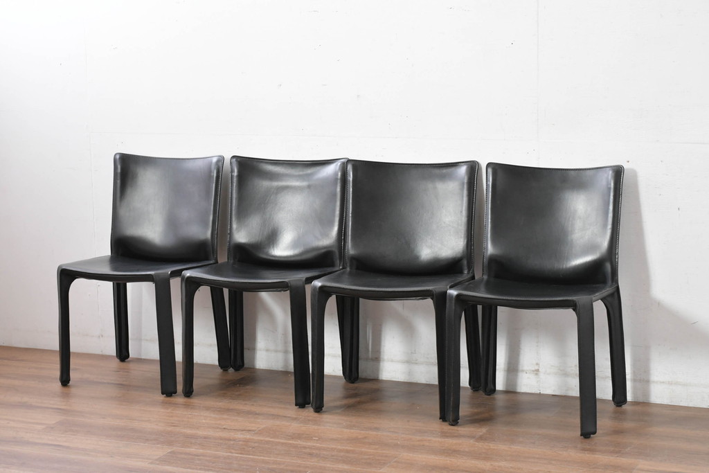 中古　美品　Cassina(カッシーナ)　412　CAB(キャブ)　MARIO BELLINI(マリオベリーニ)　シックでラグジュアリーな雰囲気を高めるアームレスチェア4脚セット(キャブチェア、ダイニングチェア、椅子、イス、バラ売り可能)(定価約120万円)(R-084667)