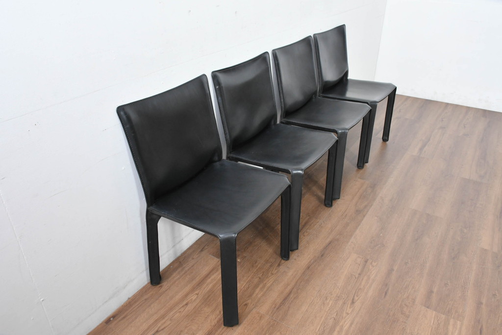 中古　美品　Cassina(カッシーナ)　412　CAB(キャブ)　MARIO BELLINI(マリオベリーニ)　シックでラグジュアリーな雰囲気を高めるアームレスチェア4脚セット(キャブチェア、ダイニングチェア、椅子、イス、バラ売り可能)(定価約120万円)(R-084667)