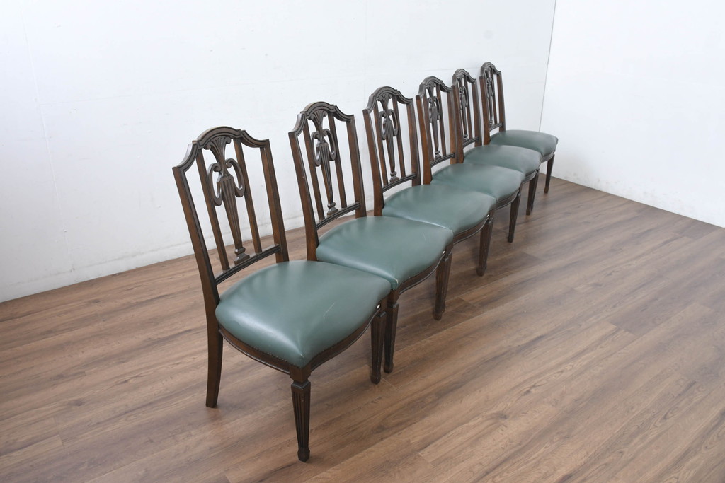 中古　美品　カリモク家具　domani(ドマーニ)　QUEENS LIFE(クイーンズライフ)　本革　優美なフォルムで格調高い雰囲気漂うダイニングチェア6脚セット(アームレスチェア、椅子、イス、バラ売り可能)(現行価格約132万円)(R-084600)