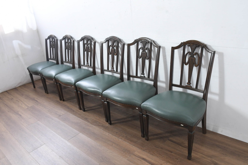 中古　美品　カリモク家具　domani(ドマーニ)　QUEENS LIFE(クイーンズライフ)　本革　優美なフォルムで格調高い雰囲気漂うダイニングチェア6脚セット(アームレスチェア、椅子、イス、バラ売り可能)(現行価格約132万円)(R-084600)