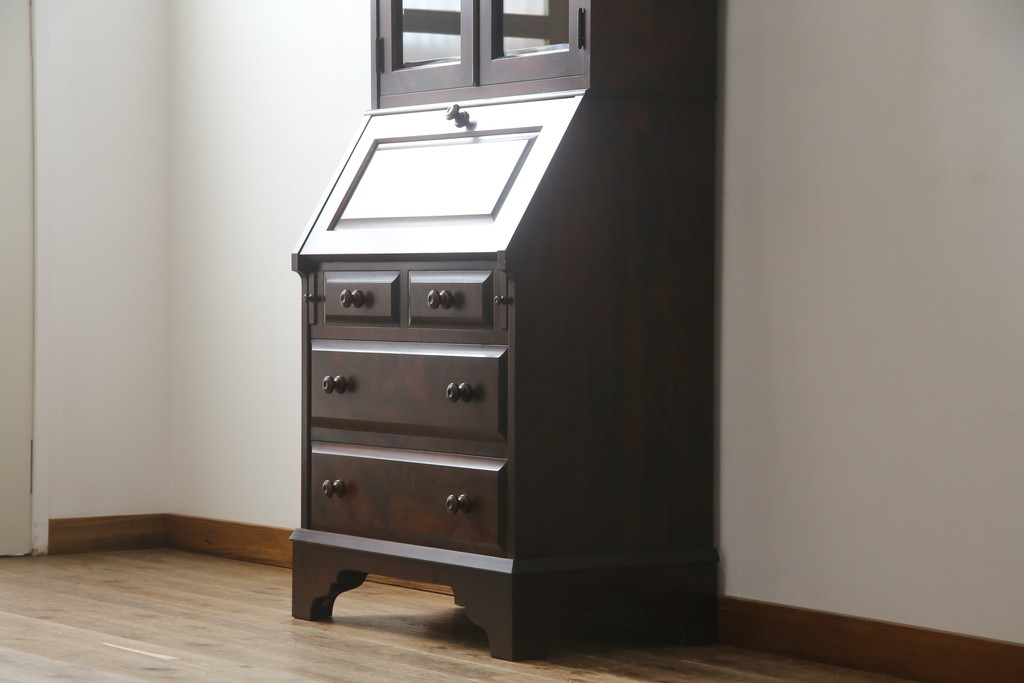 中古　美品　北海道民芸家具　上品な雰囲気漂うビューローブックケース(ライティングビューロー、簿記机、本箱、本棚、飾り棚、収納棚、戸棚、ワークデスク、在宅ワーク、在宅用)(R-072661)