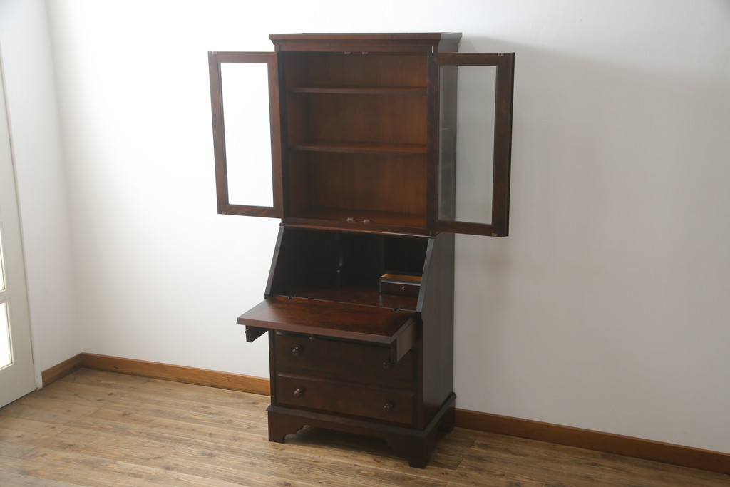 中古　美品　北海道民芸家具　上品な雰囲気漂うビューローブックケース(ライティングビューロー、簿記机、本箱、本棚、飾り棚、収納棚、戸棚、ワークデスク、在宅ワーク、在宅用)(R-072661)