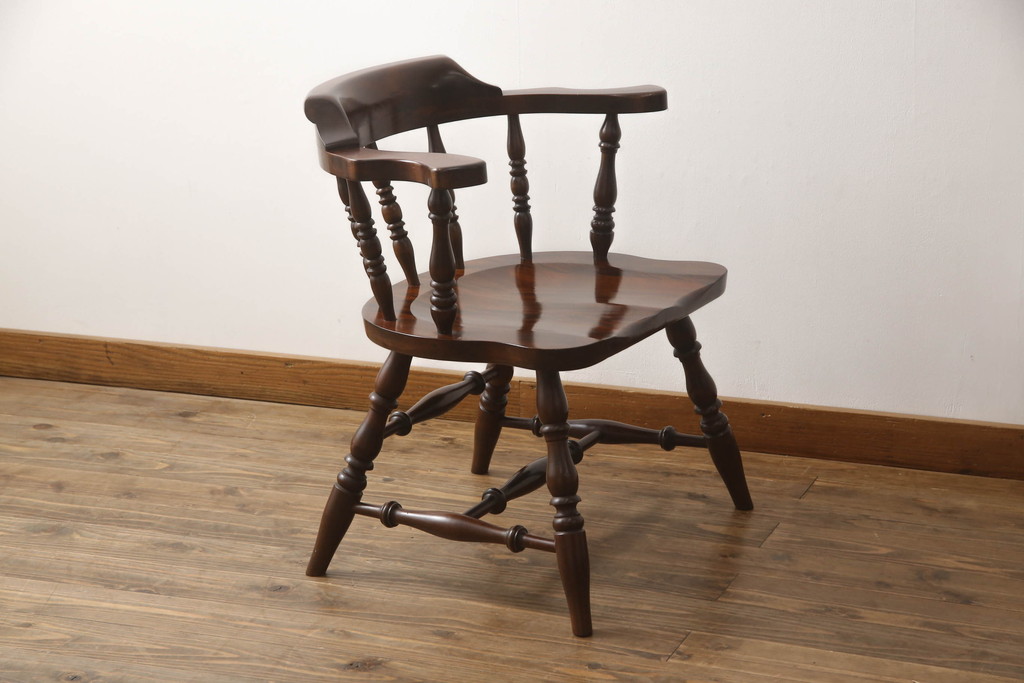 中古　美品　九州民芸家具　挽き物加工の凝ったデザインが魅力的なアームチェア(ダイニングチェア、板座チェア、椅子、イス、ワークチェア)(R-066570)