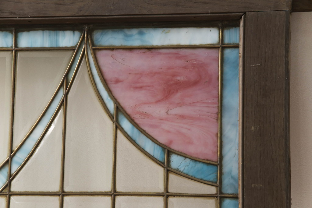 アンティーク建具　特大!!　イギリスより買い付け　オーク材　レトロな雰囲気のステンドグラス明かり取り1枚(明り取り、ステンドガラス、ガラス欄間、窓、建具、英国)(R-070526)