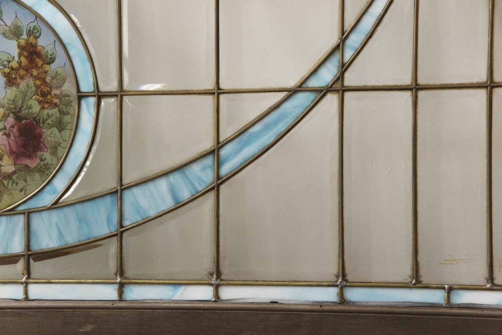 アンティーク建具　特大!!　イギリスより買い付け　オーク材　レトロな雰囲気のステンドグラス明かり取り1枚(明り取り、ステンドガラス、ガラス欄間、窓、建具、英国)(R-070526)