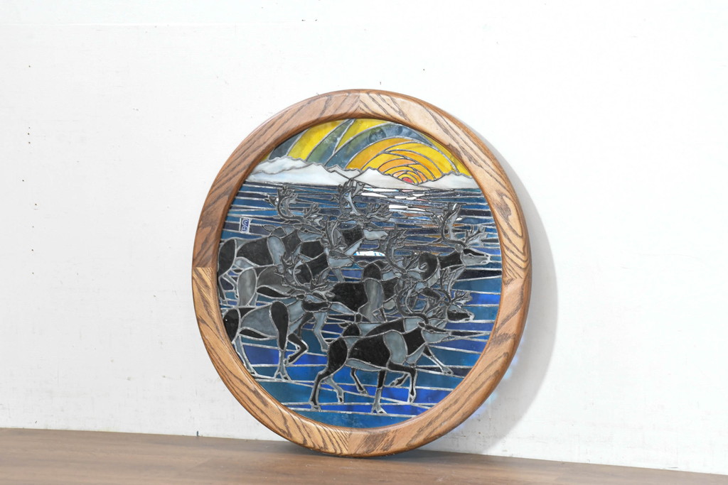 中古　希少!!　作家物!!　ステンドグラス芸術家　伊藤誠二　ステンドグラスのウォールアートパネル・トナカイ(オブジェ、壁飾り)(定価約30万円)(R-084553)