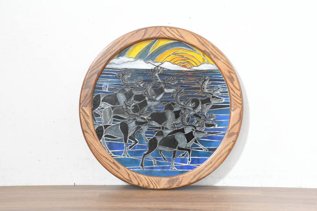 中古　希少!!　作家物!!　ステンドグラス芸術家　伊藤誠二　ステンドグラスのウォールアートパネル・トナカイ(オブジェ、壁飾り)(定価約30万円)(R-084553)
