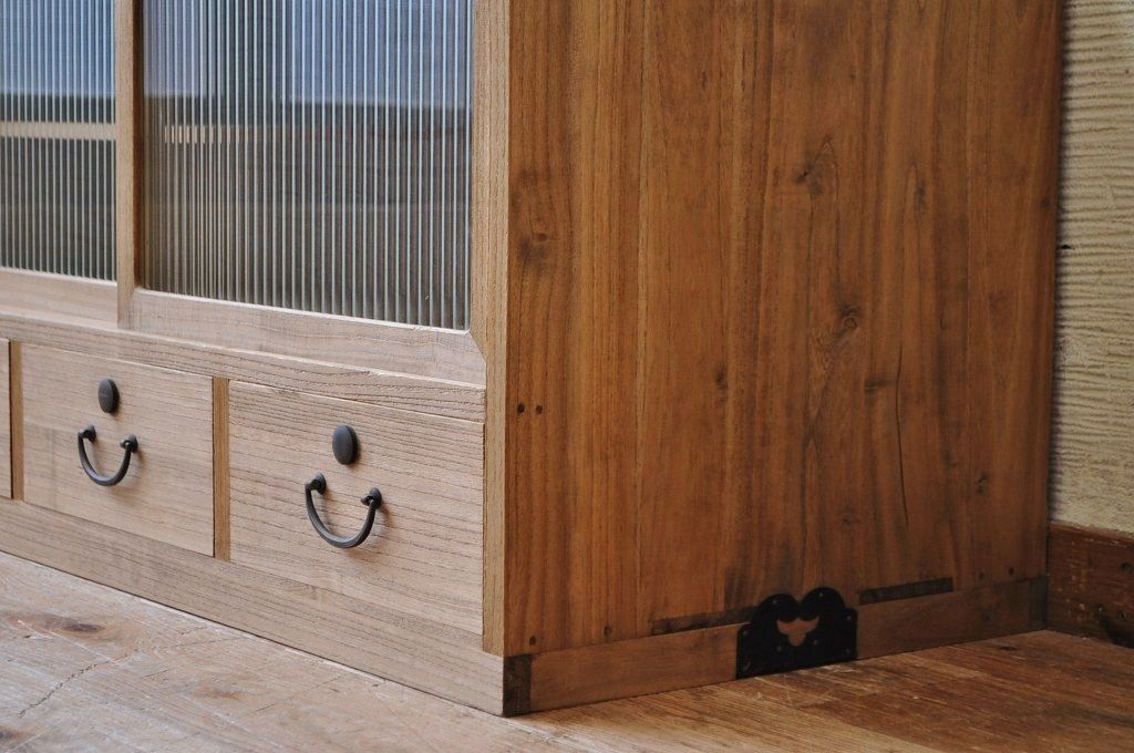 アンティーク家具　古い木味のモールガラスローボード