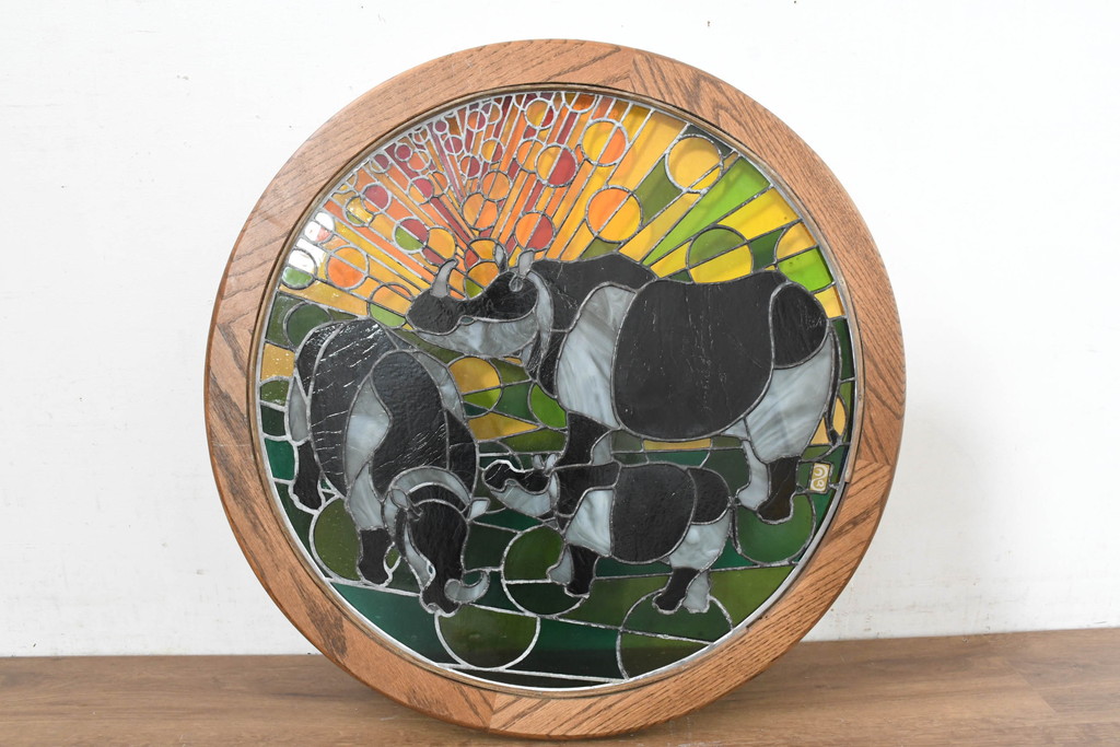 中古　希少!!　作家物!!　ステンドグラス芸術家　伊藤誠二　ステンドグラスのウォールアートパネル・サイ(オブジェ、壁飾り)(定価約30万円)(R-084554)