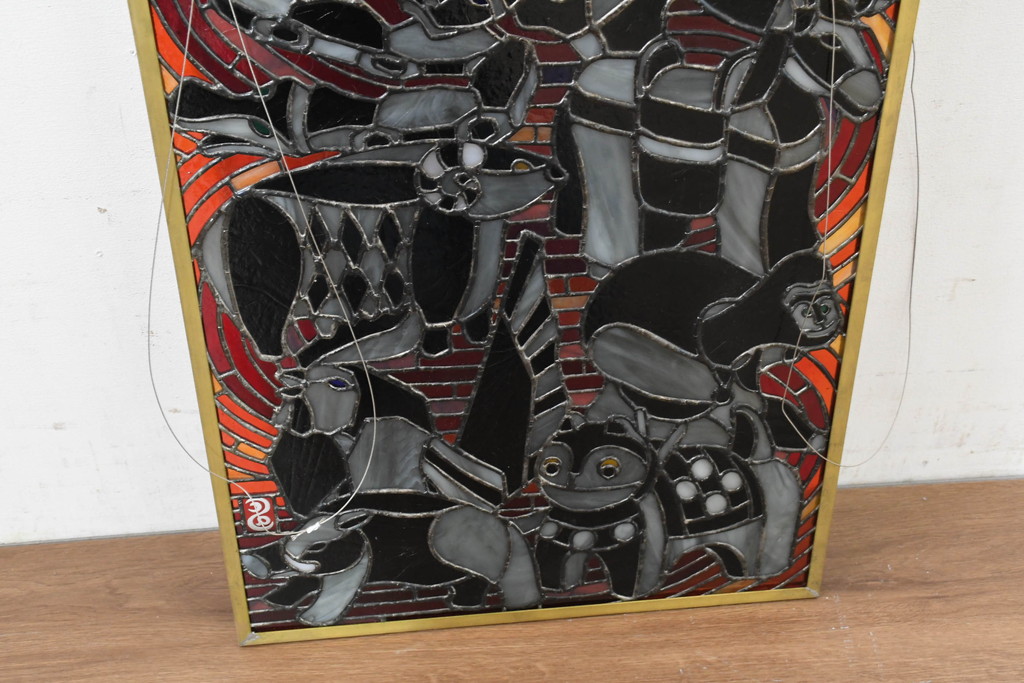 中古　希少!!　作家物!!　ステンドグラス芸術家　伊藤誠二　珍しい和柄(干支・十二支・縁起物)を描いたステンドグラスのウォールアートパネル(オブジェ、壁飾り)(定価約37万円)(R-084557)