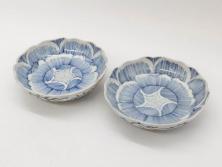 江戸後期　伊万里　線描き　約14cm　4.5寸　上品な大輪の牡丹が目を引くなます皿2枚セット(花、小皿、和皿、四寸五分、和食器)(R-078252)