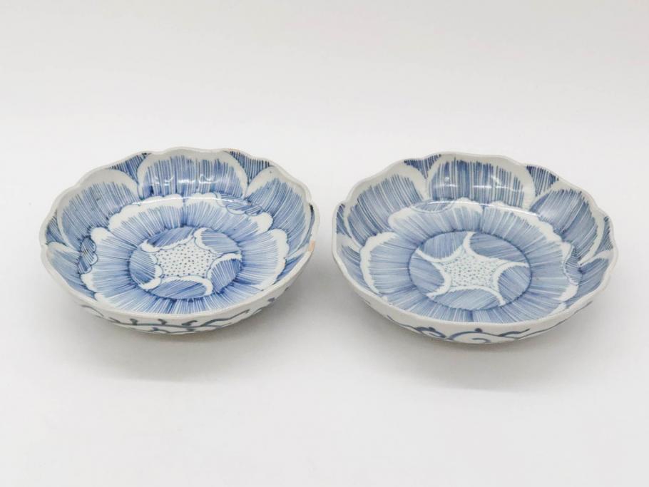 江戸後期　伊万里　線描き　約14cm　4.5寸　上品な大輪の牡丹が目を引くなます皿2枚セット(花、小皿、和皿、四寸五分、和食器)(R-078252)
