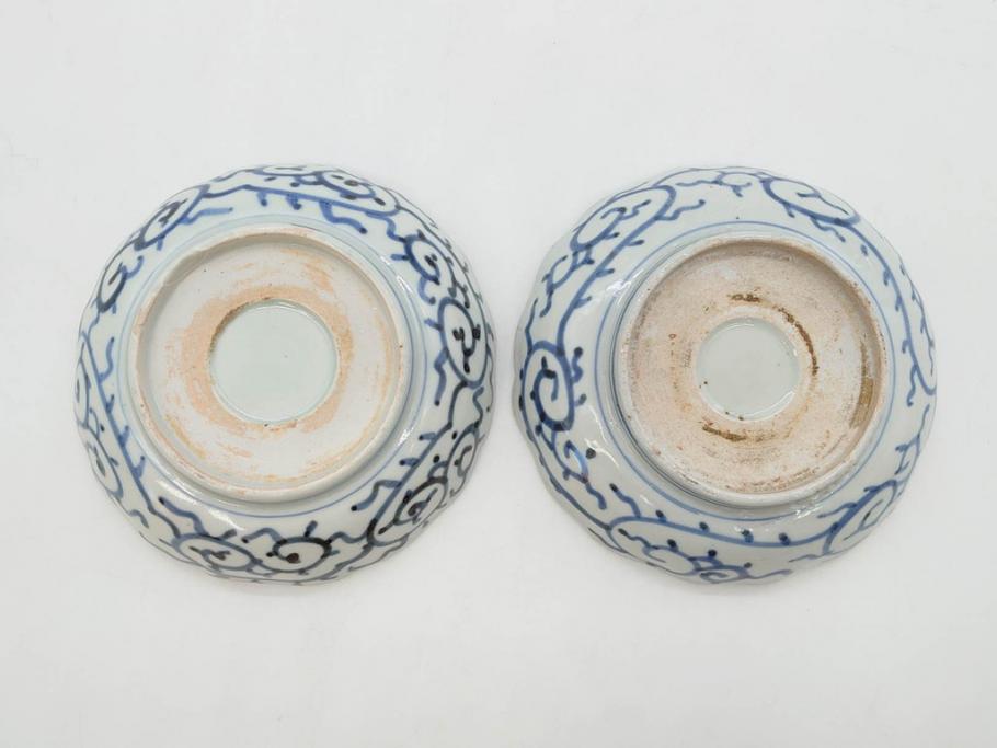 江戸後期　伊万里　線描き　約14cm　4.5寸　上品な大輪の牡丹が目を引くなます皿2枚セット(花、小皿、和皿、四寸五分、和食器)(R-078252)