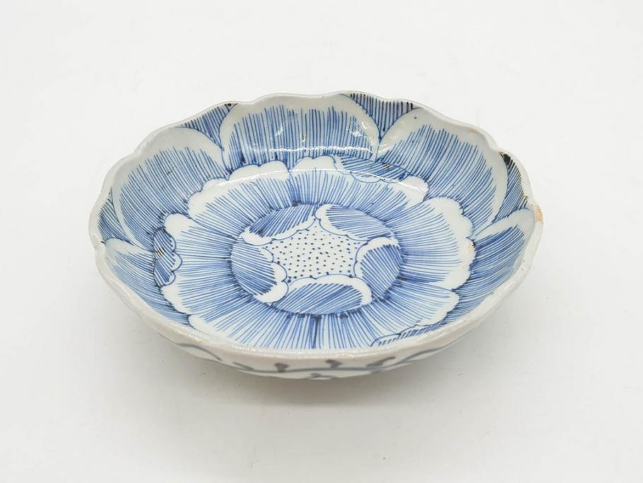 江戸後期　伊万里　線描き　約14cm　4.5寸　上品な大輪の牡丹が目を引くなます皿2枚セット(花、小皿、和皿、四寸五分、和食器)(R-078252)
