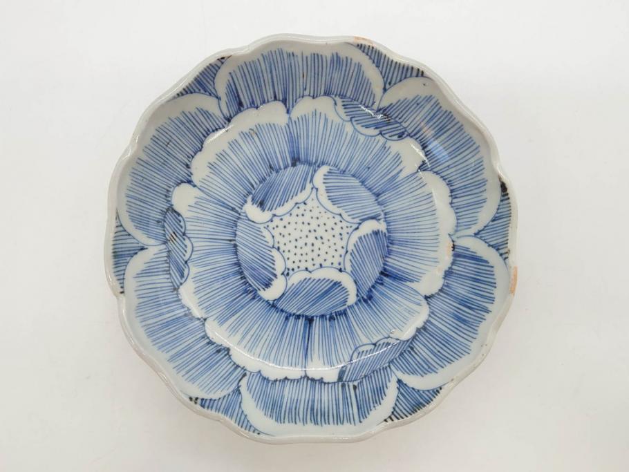 江戸後期　伊万里　線描き　約14cm　4.5寸　上品な大輪の牡丹が目を引くなます皿2枚セット(花、小皿、和皿、四寸五分、和食器)(R-078252)