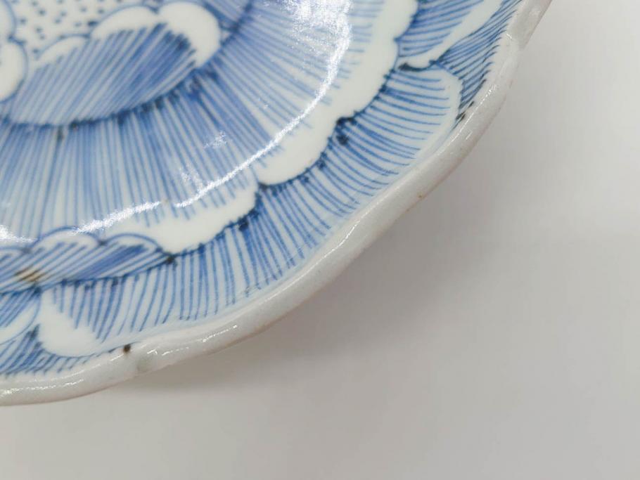 江戸後期　伊万里　線描き　約14cm　4.5寸　上品な大輪の牡丹が目を引くなます皿2枚セット(花、小皿、和皿、四寸五分、和食器)(R-078252)