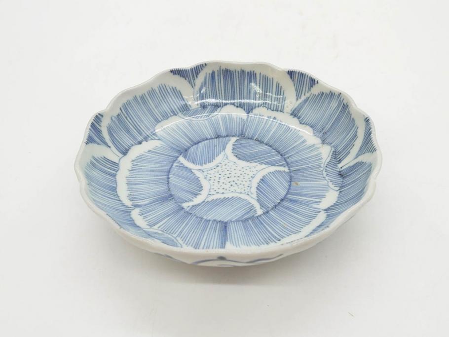 江戸後期　伊万里　線描き　約14cm　4.5寸　上品な大輪の牡丹が目を引くなます皿2枚セット(花、小皿、和皿、四寸五分、和食器)(R-078252)