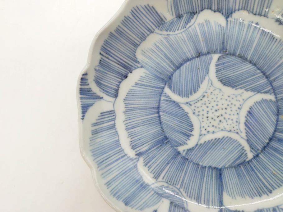 江戸後期　伊万里　線描き　約14cm　4.5寸　上品な大輪の牡丹が目を引くなます皿2枚セット(花、小皿、和皿、四寸五分、和食器)(R-078252)