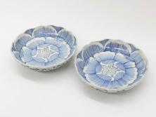 江戸後期　伊万里　線描き　約14cm　4.5寸　上品な大輪の牡丹が目を引くなます皿2枚セット(花、小皿、和皿、四寸五分、和食器)(R-078253)
