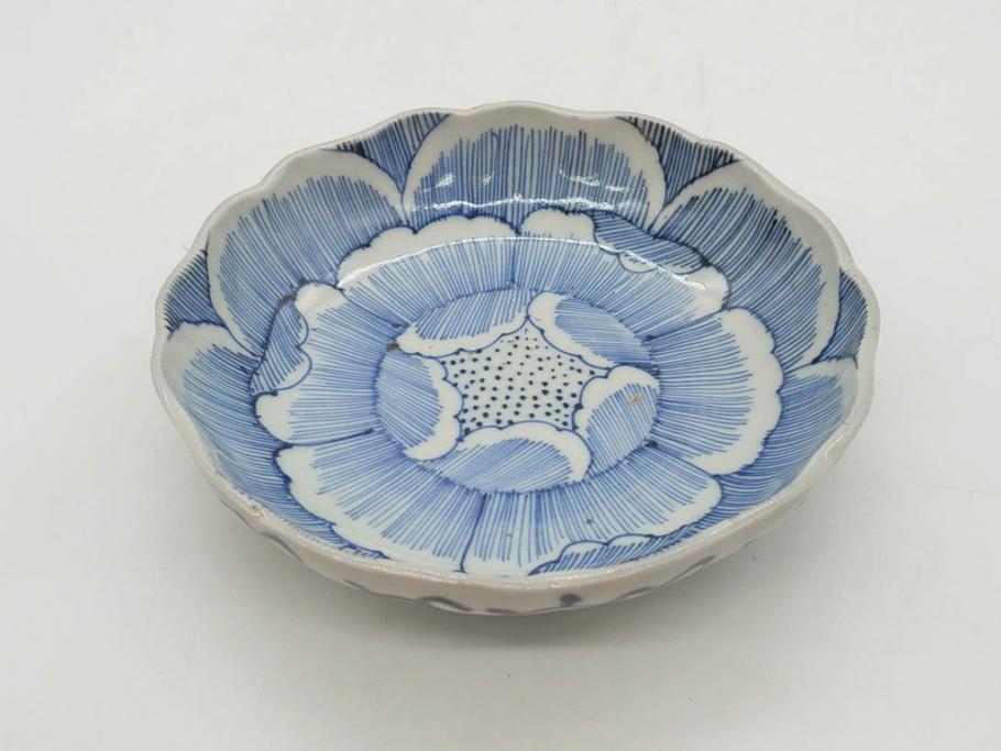 江戸後期　伊万里　線描き　約14cm　4.5寸　上品な大輪の牡丹が目を引くなます皿2枚セット(花、小皿、和皿、四寸五分、和食器)(R-078253)