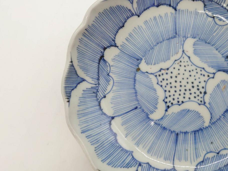 江戸後期　伊万里　線描き　約14cm　4.5寸　上品な大輪の牡丹が目を引くなます皿2枚セット(花、小皿、和皿、四寸五分、和食器)(R-078253)