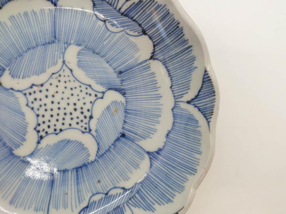 江戸後期　伊万里　線描き　約14cm　4.5寸　上品な大輪の牡丹が目を引くなます皿2枚セット(花、小皿、和皿、四寸五分、和食器)(R-078253)