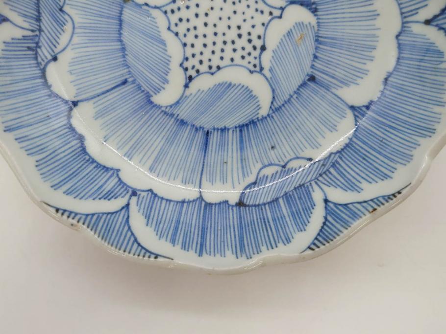 江戸後期　伊万里　線描き　約14cm　4.5寸　上品な大輪の牡丹が目を引くなます皿2枚セット(花、小皿、和皿、四寸五分、和食器)(R-078253)