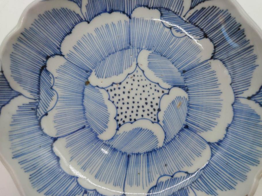 江戸後期　伊万里　線描き　約14cm　4.5寸　上品な大輪の牡丹が目を引くなます皿2枚セット(花、小皿、和皿、四寸五分、和食器)(R-078253)