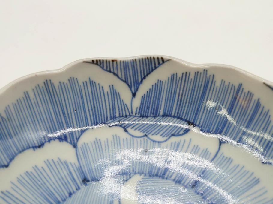 江戸後期　伊万里　線描き　約14cm　4.5寸　上品な大輪の牡丹が目を引くなます皿2枚セット(花、小皿、和皿、四寸五分、和食器)(R-078253)