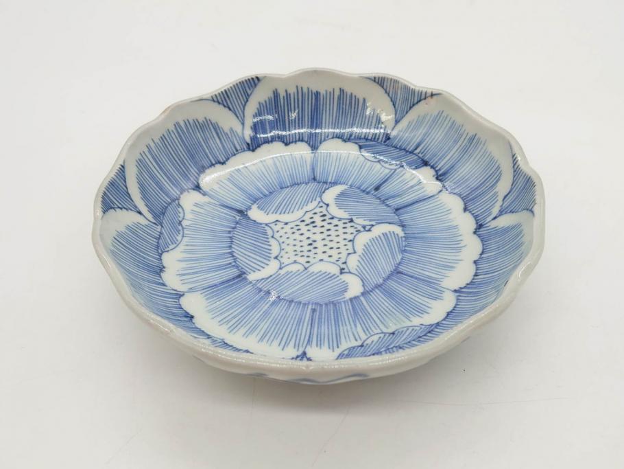 江戸後期　伊万里　線描き　約14cm　4.5寸　上品な大輪の牡丹が目を引くなます皿2枚セット(花、小皿、和皿、四寸五分、和食器)(R-078253)