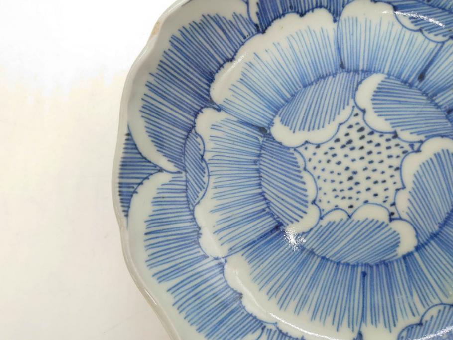 江戸後期　伊万里　線描き　約14cm　4.5寸　上品な大輪の牡丹が目を引くなます皿2枚セット(花、小皿、和皿、四寸五分、和食器)(R-078253)