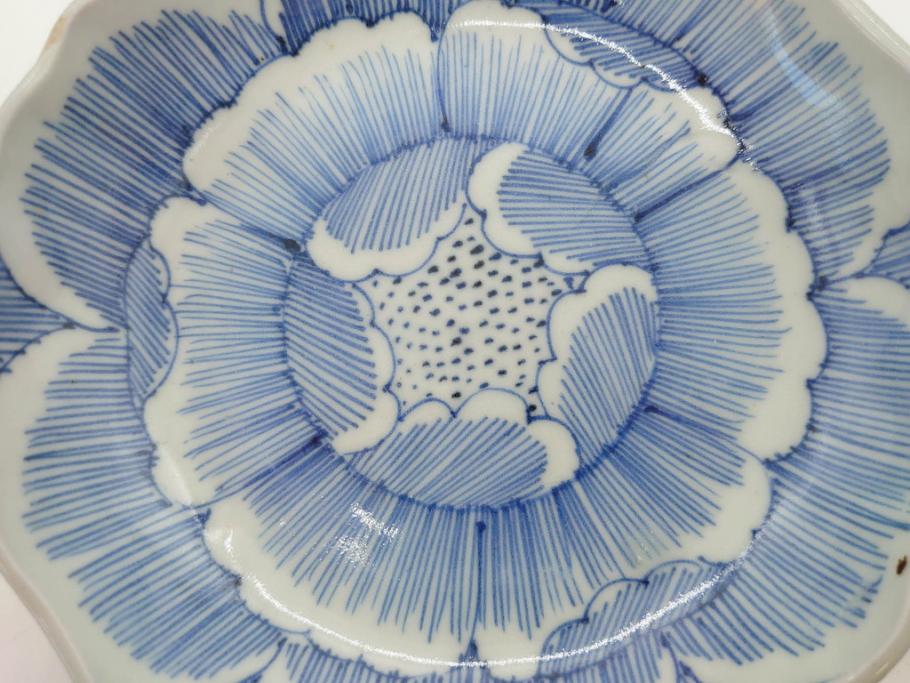 江戸後期　伊万里　線描き　約14cm　4.5寸　上品な大輪の牡丹が目を引くなます皿2枚セット(花、小皿、和皿、四寸五分、和食器)(R-078253)