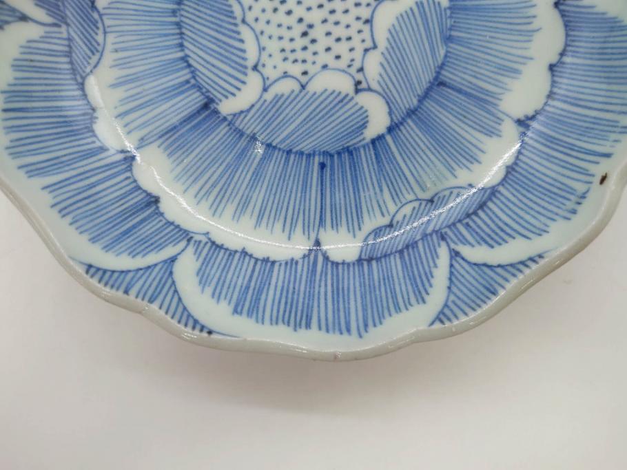 江戸後期　伊万里　線描き　約14cm　4.5寸　上品な大輪の牡丹が目を引くなます皿2枚セット(花、小皿、和皿、四寸五分、和食器)(R-078253)