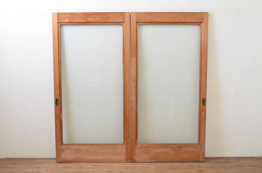 ビンテージ建具　シンプルなデザインが取り入れやすい上質な大判ガラス戸2枚セット(引き戸、ヴィンテージ)(R-070933)
